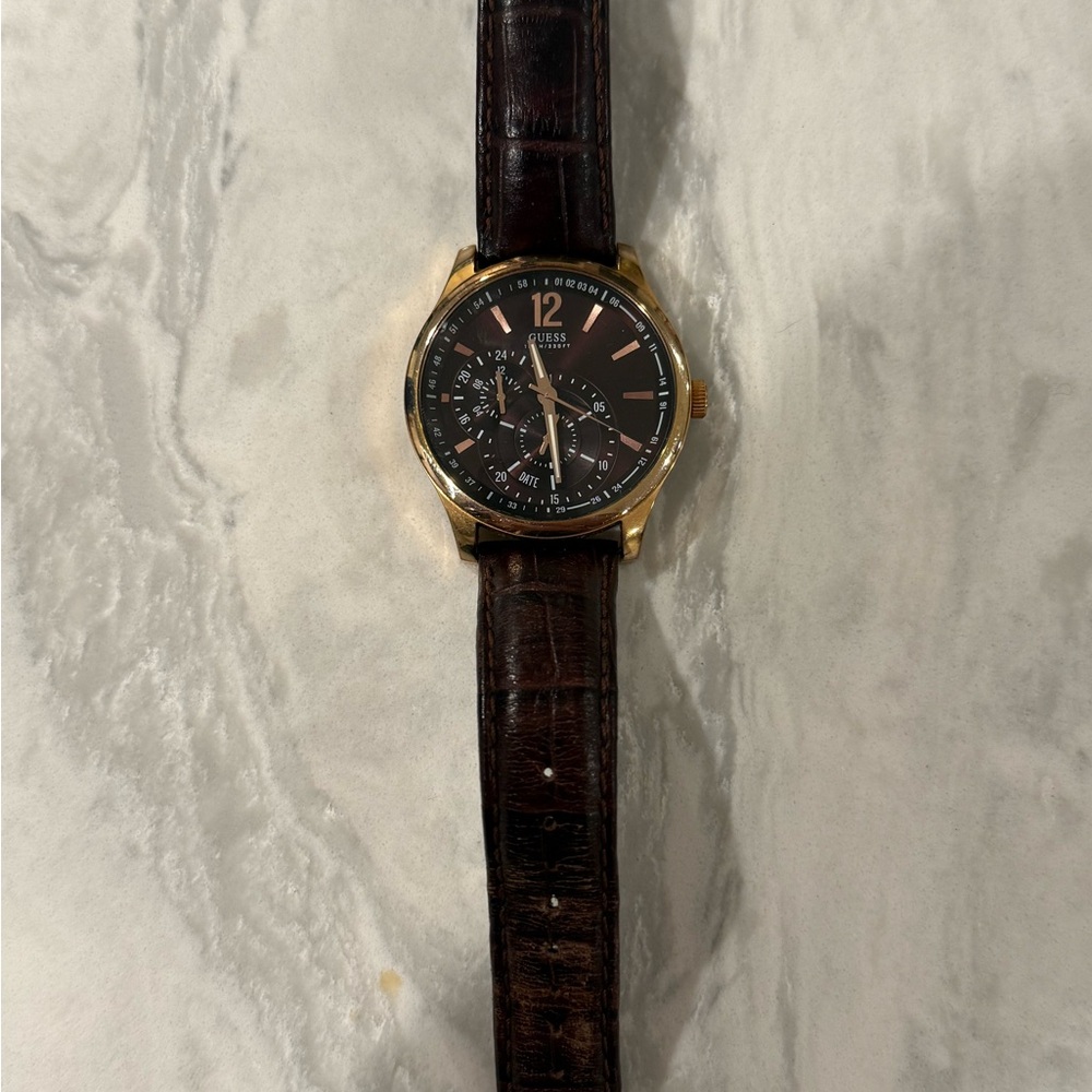 Guess Watch - Gold-Tone Watch with Dark Brown Leather Strap